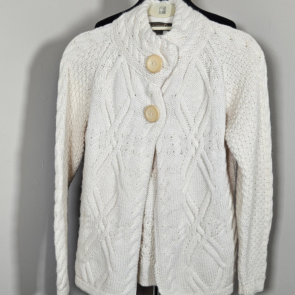 Inis Crafts Chunky Merino Cable Knit Fisherman Cardigan Open Front High Neck S